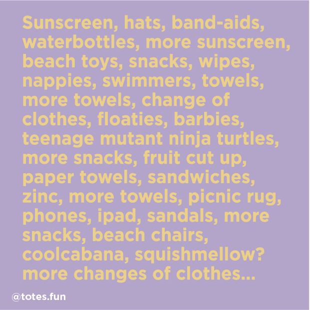 Purple background with yellow text giving key features of large beach bag